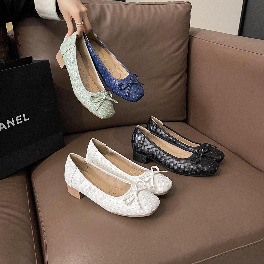 Women's Woven Bowknot Low Heels - Comfortable Square Toe Flats for Spring/Autumn