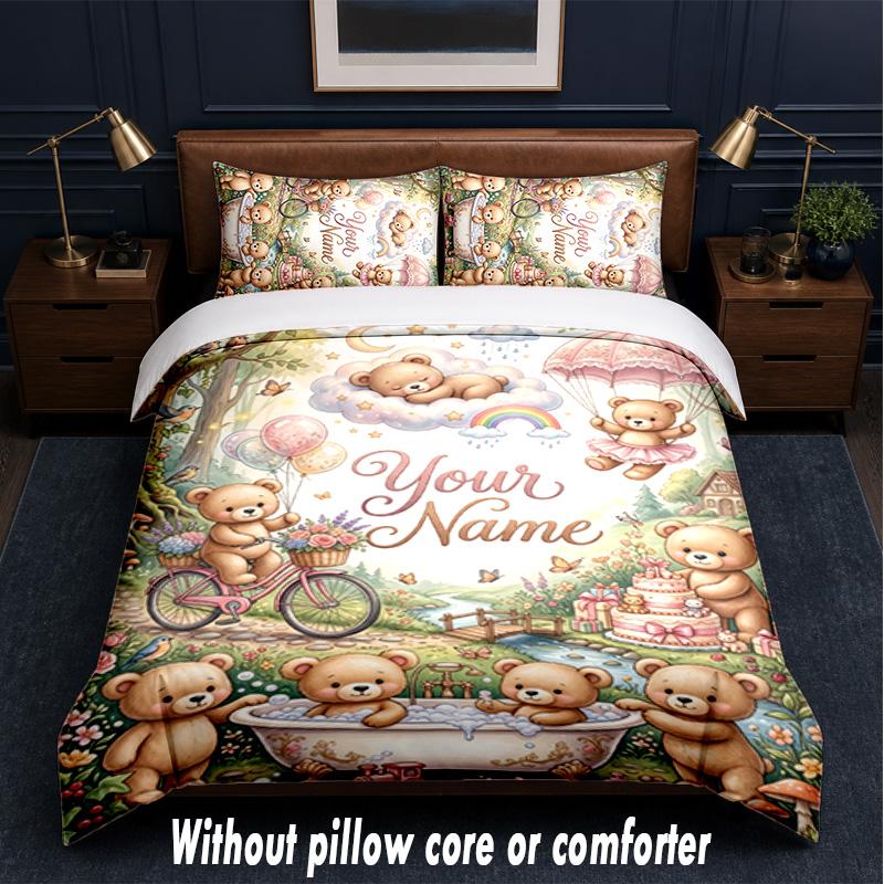 Teddy Bear Theme Custom Text Or Name 3Pcs Bedding Set,1 Flat Sheet & 2 Pillowcases Personalized Home Bedding