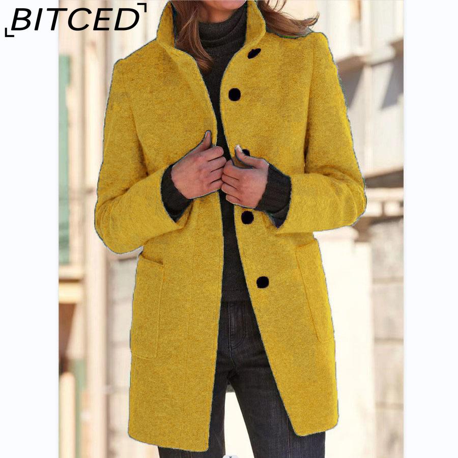 BITCED Autumn/Winter Women's Vintage Solid-Color Button-Up Stand Collar Wool Coat