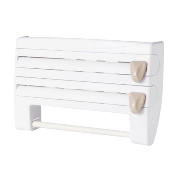 Cling Film Storage Rack Roll Paper Towel Holder Shelf Wrap Cutter Kitchen Tool