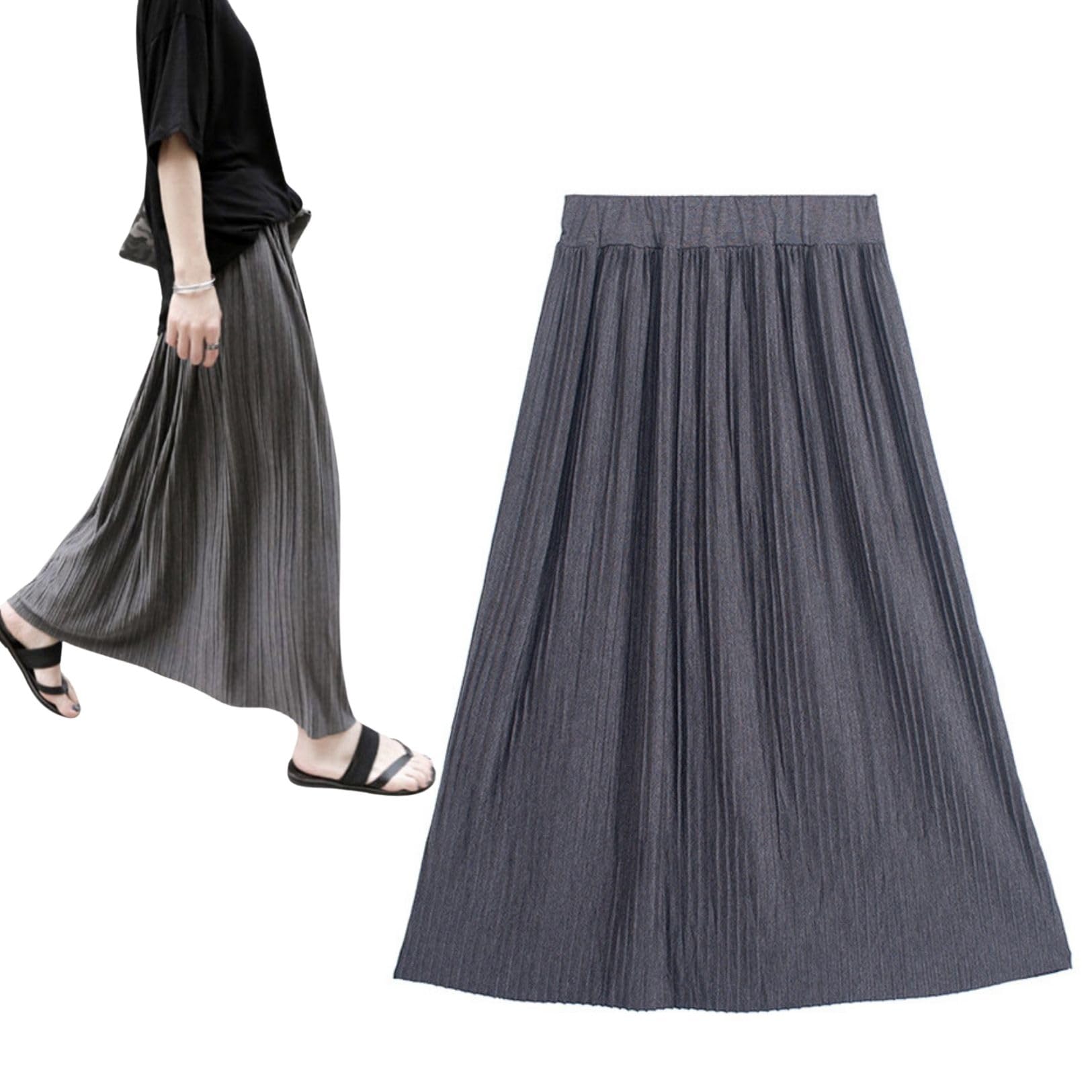 

PLEAVIT Women s Pleated Maxi Skirt with Elastic Waist, Lightweight, Gray, Spring/Autumn