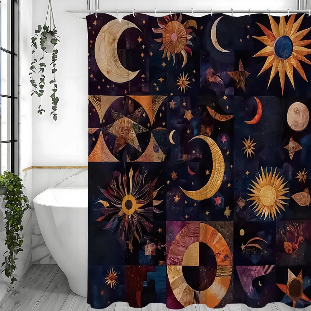 Sun Moon Geometric Collage Shower Curtain, Bathroom Decorative Shower Curtain, Waterproof Shower Curtain with Hooks