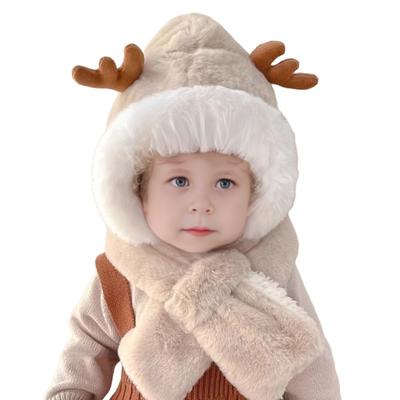 Children Hat with Scarf Design Antler Decoration Thickened Warm Plush Winter Hat Windproof Winter Outdoor Wear