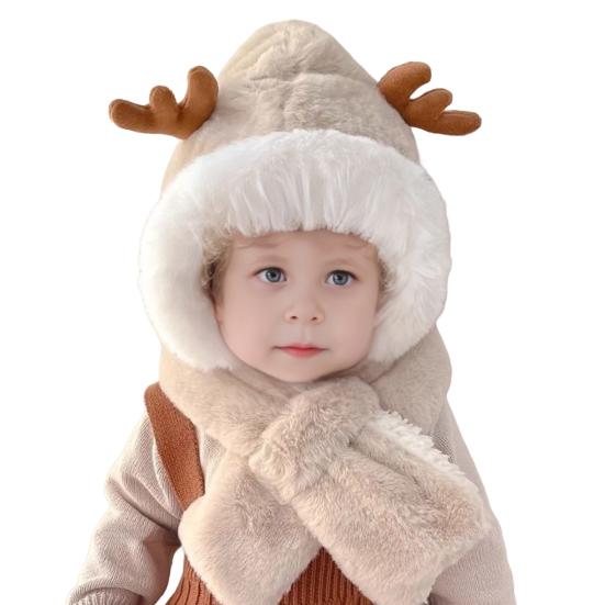 Children Hat With Scarf Design Antler Decoration Thickened Warm Plush Winter Hat