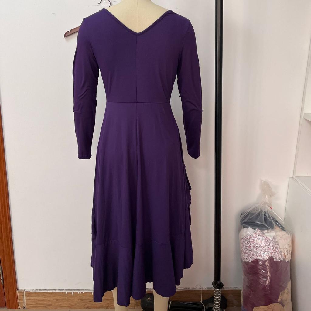 Herbst Winter elegant einfarbig locker Maxikleid O-Ausschnitt Langarm Rüschen A-Linie Partykleider für Damen Kleidung lila vestidos