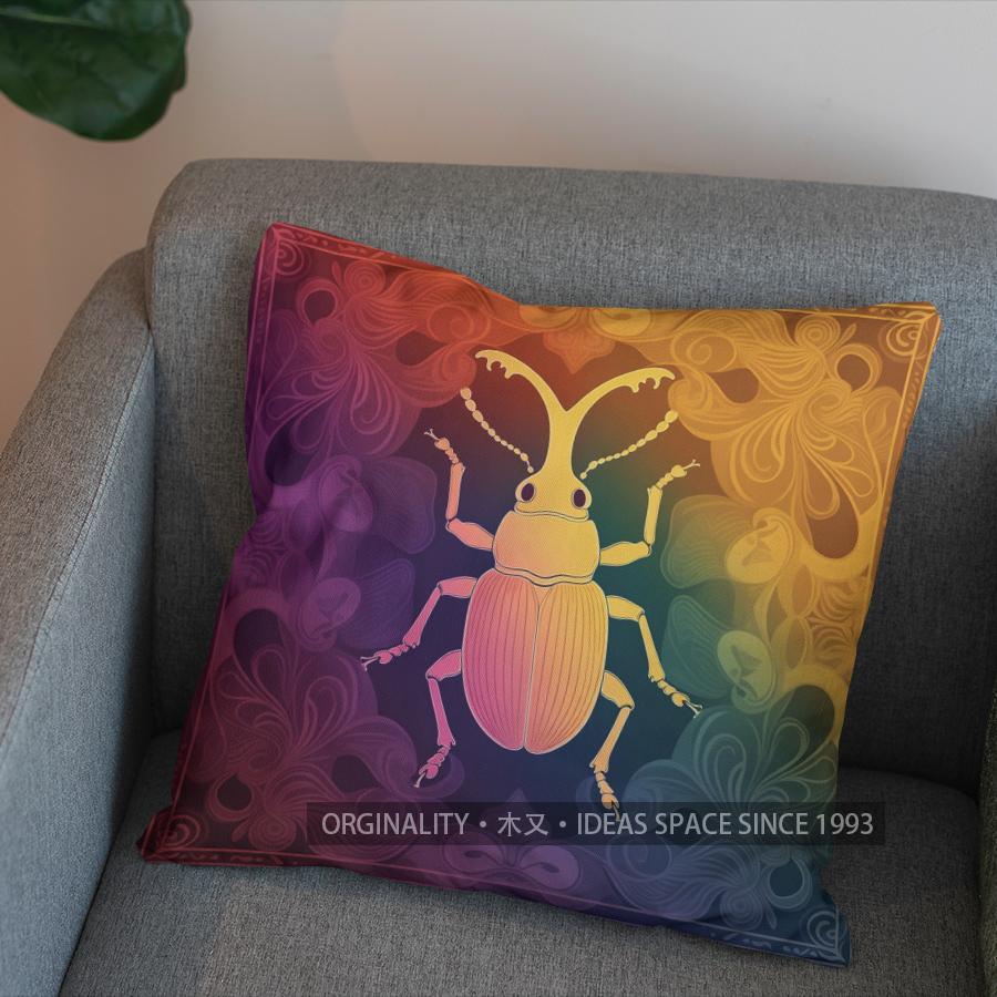 2D Colorful Beetle In Ornate Frame Throw Pillow Pattern Cushion Cover Suitable For Sofa Bedroom Car Pillow Cover