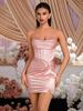 Pink Satin Pleated Twisted Slit Corset Bodycon Party Gown