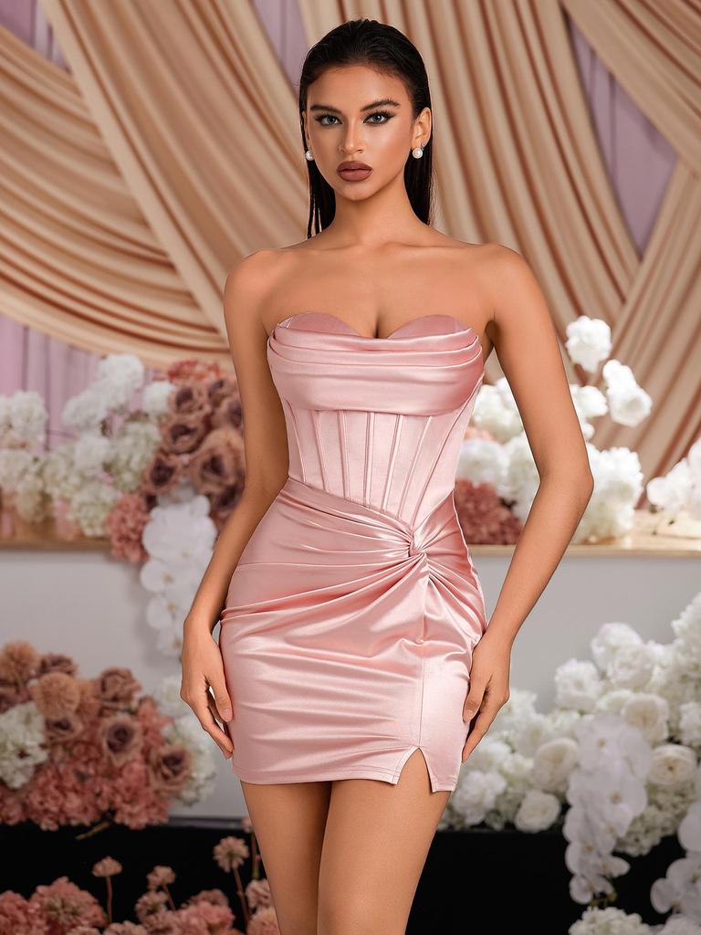 Pink Satin Pleated Twisted Slit Corset Bodycon Party Gown