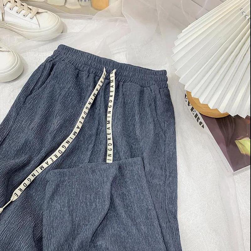 Embroidery Top Sleeved Wrinkle Short Straight Wide Leg Long Pants Set Woman Causal 2 Pieces Pajamas Home Wear Loungewear