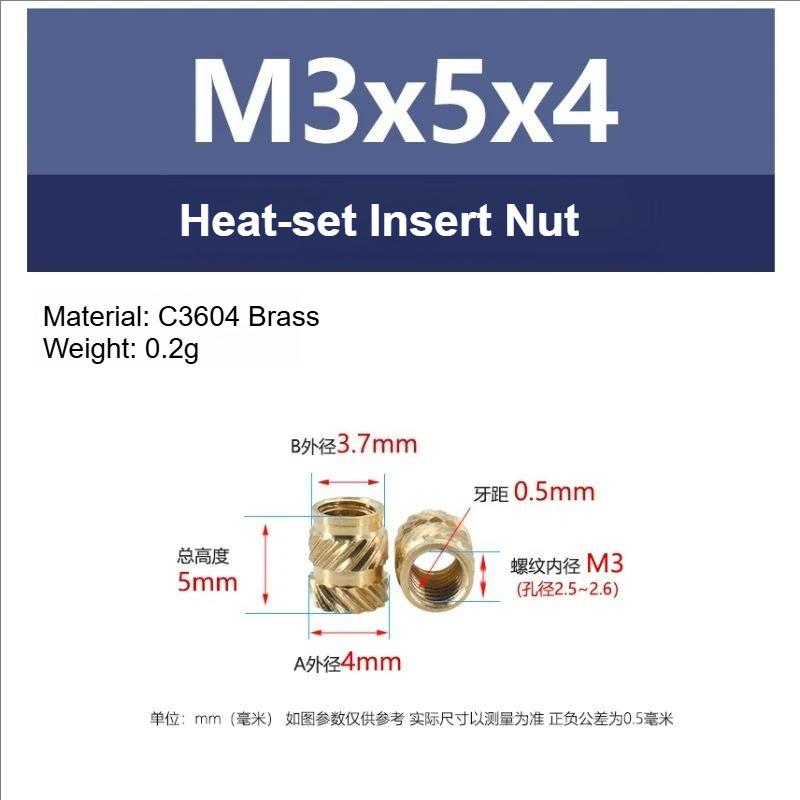 100pcs M3 Thread Knurled Brass Threaded Heat Set Heat Resistant Insert Embedment Nut for 3D Printer Voron 2.4 M3x5x4