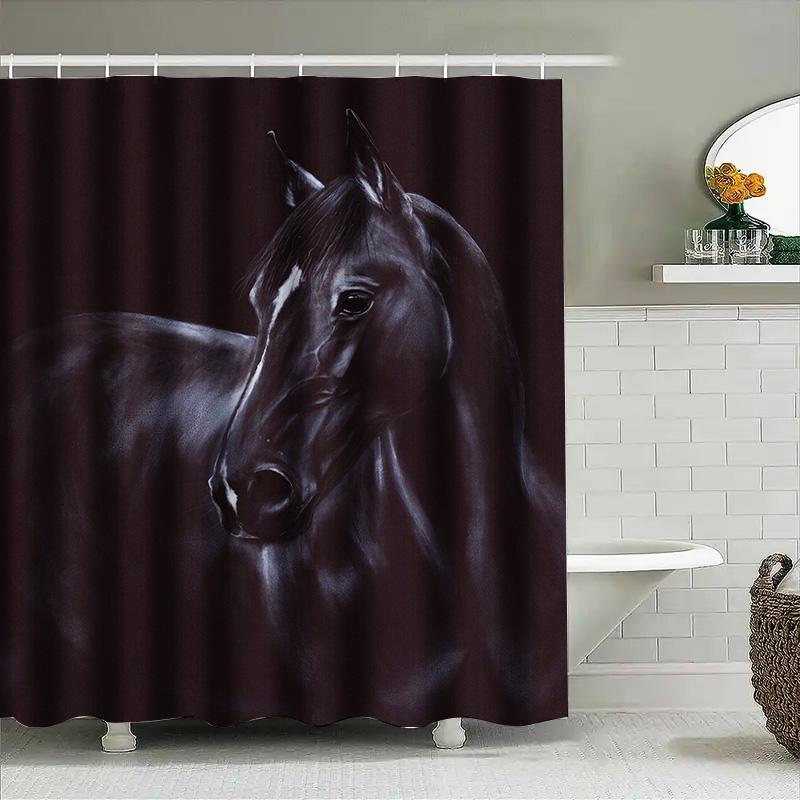 Luxuriöser bedruckter Duschvorhang Wasserdichtes Badezimmerdekor Heimdekoration Pferdemuster Dunkelrote Farbe Waschbarer Badewanneneinsatz