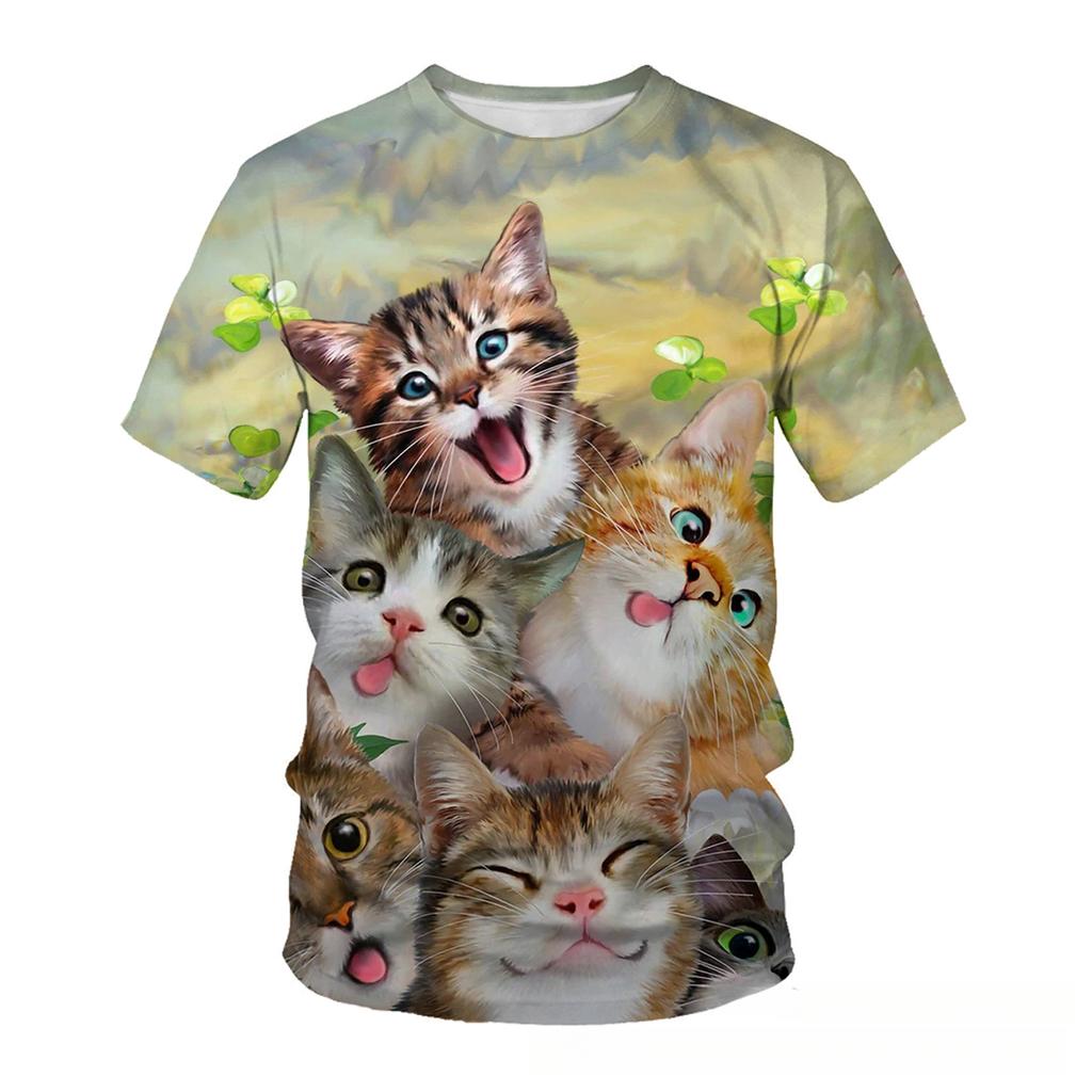 Summer Round Neck 3D Cute Cat Print Top Fashionable Casual Short Sleeved Men's T-shirts