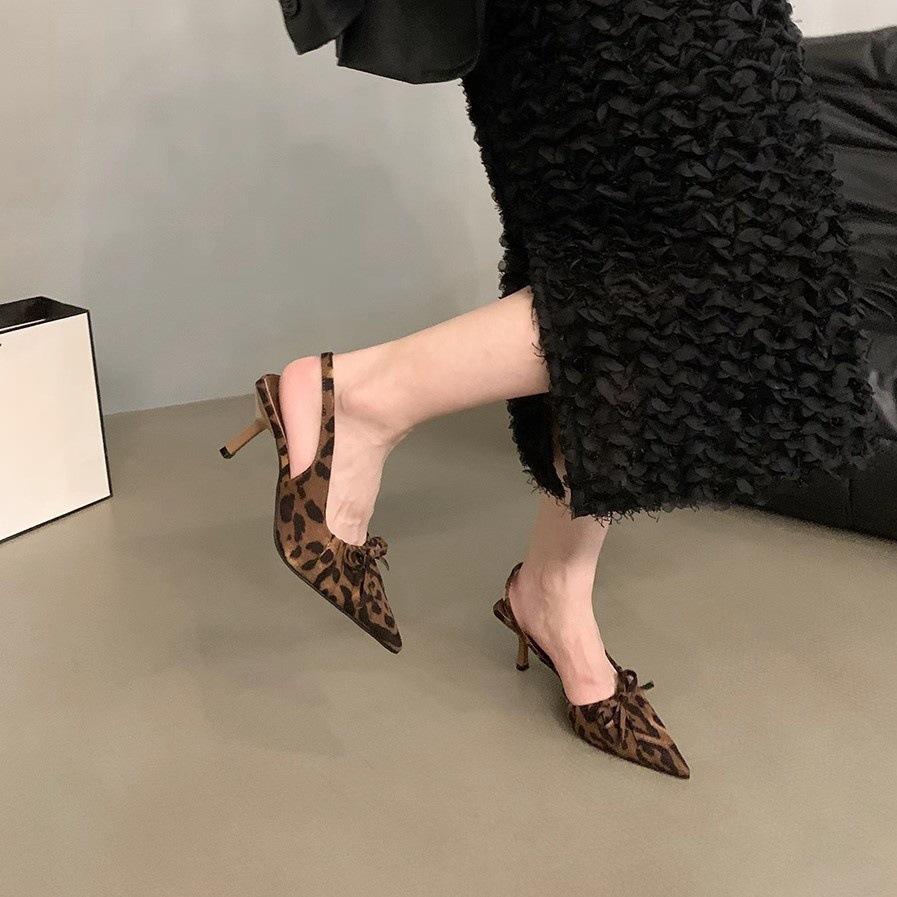 Niche high heels leopard print bag head sandals fairy shoes 2025 new spring and summer pointed bow single shoes