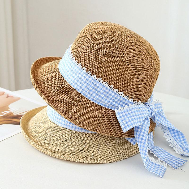 Blue plaid bow hat women, new fisherman hat, outdoor travel seaside, stylish vacation sunhat