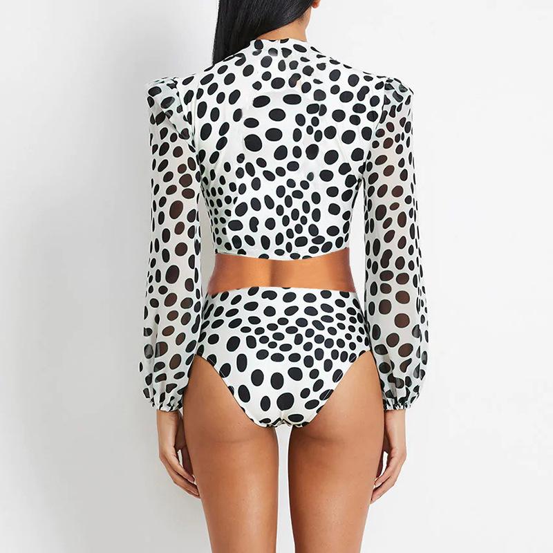 Traje de baño de una pieza para mujer, estilo retro, de cintura alta, con lunares y manga larga.