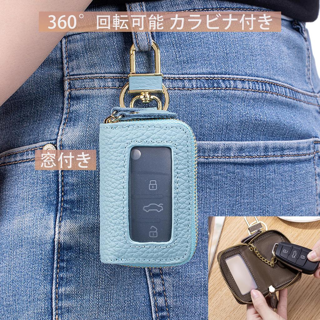 RenLianyi Damen Schlüsselmäppchen aus echtem Leder, Platz für 2 Schlüssel, mit 360° drehbarem Karabinerhaken, zweilagiges Design, durchsichtiges Fenster, Schlüsselring und zwei Schlüssel