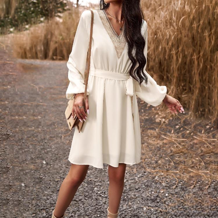 Elegant Women High Waist V Neck Lace Dress Long Sleeve Solid Fashion Mid Length Spring Autumn Dress