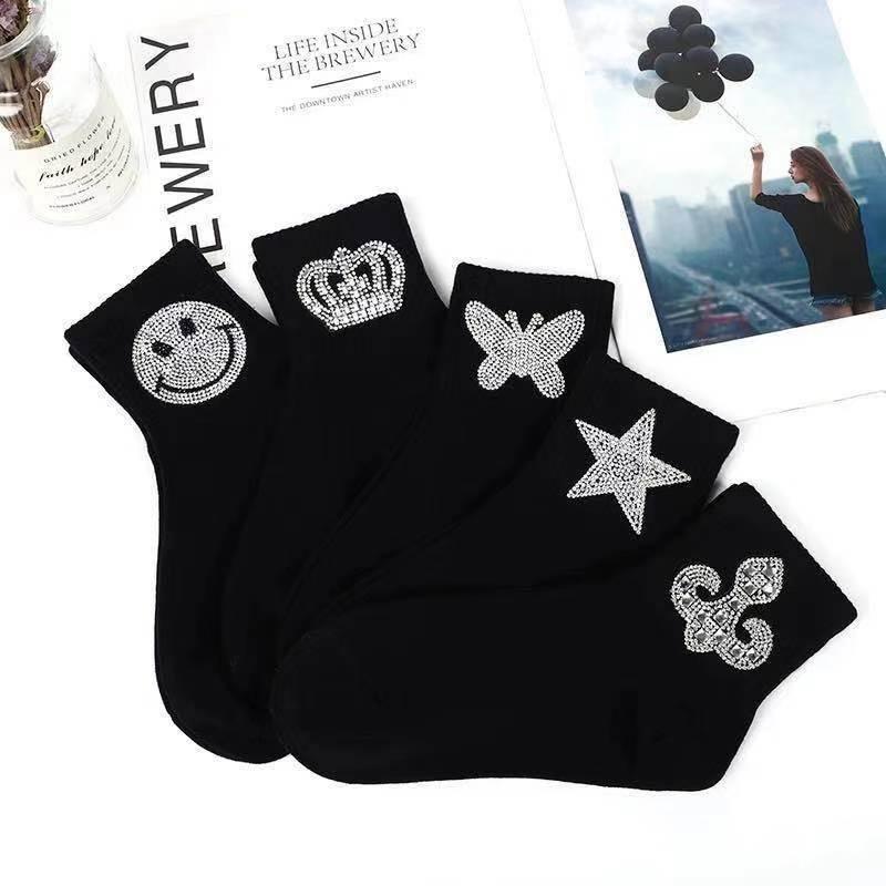 New Rhinestone Decorative Socks, Fashionable Diamond Sparkling Socks, Cute Cartoon Animal Pattern Comfortable Low Cut Socks