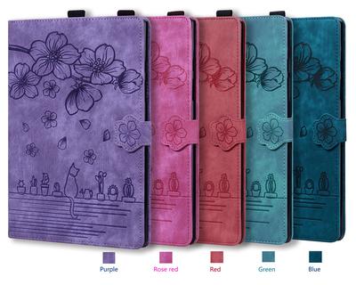 Vinduskarm Katte- og kirsebærblomstmønster Pregeprosessdesign Lærnettetui for iPad/Samsung Tab/Amazon/Lenovo/Xiaomi