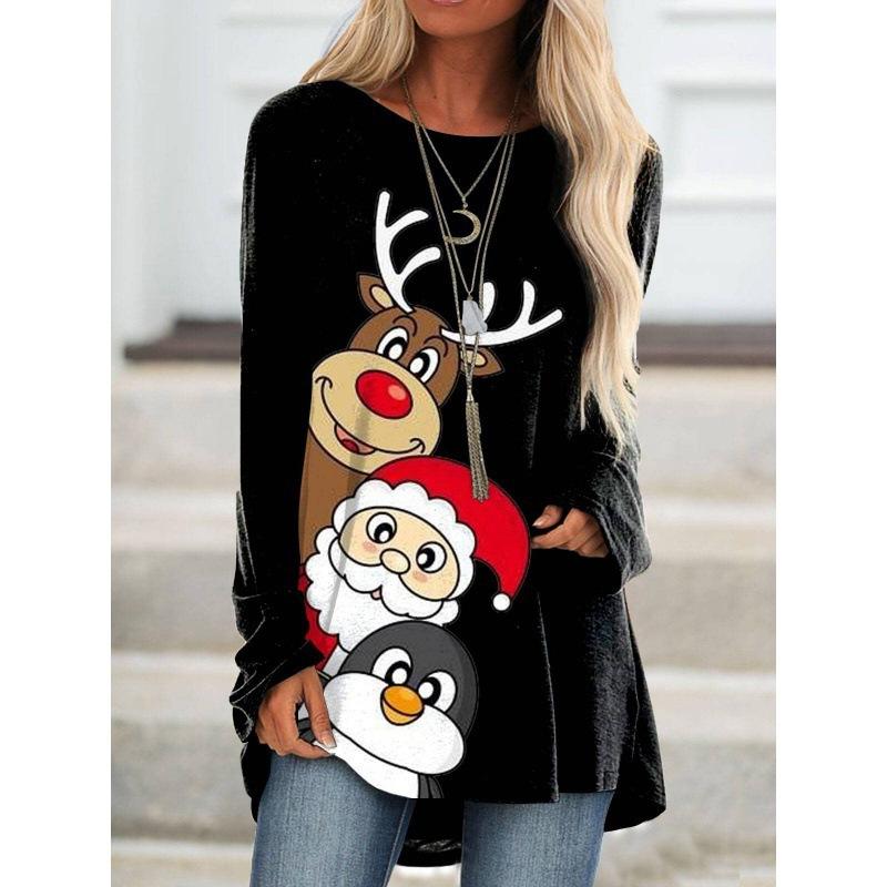 Christmas Gift 3D Printed Long Sleeved T-shirt for Women, Fashionable New Year Round Neck Top