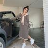 Early Autumn 2026 New Striped Loose and Thin Hooded Knitted Medium and Long Skirt Lazy Style Casual Dress Women