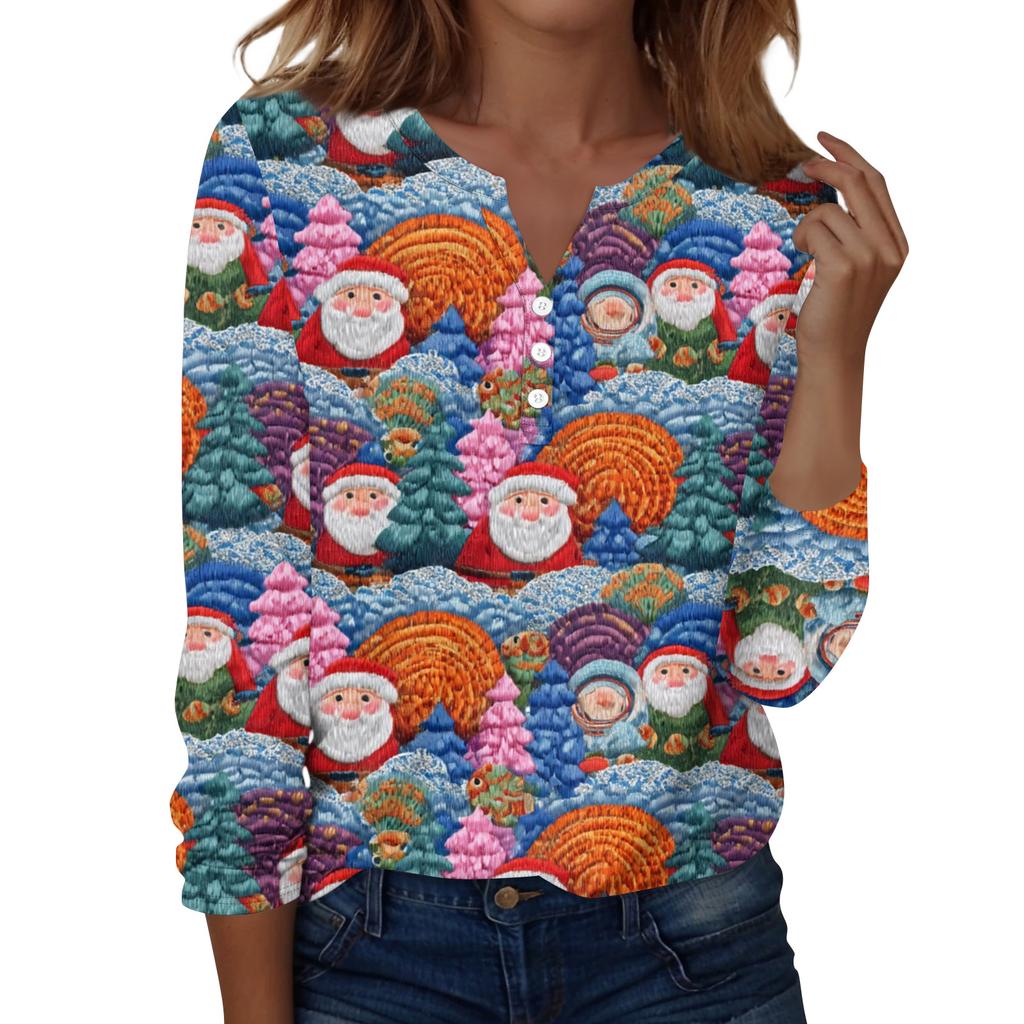 Women's Fashion Casual V-Neck Long Sleeve Decorative Button Christmas Print Top