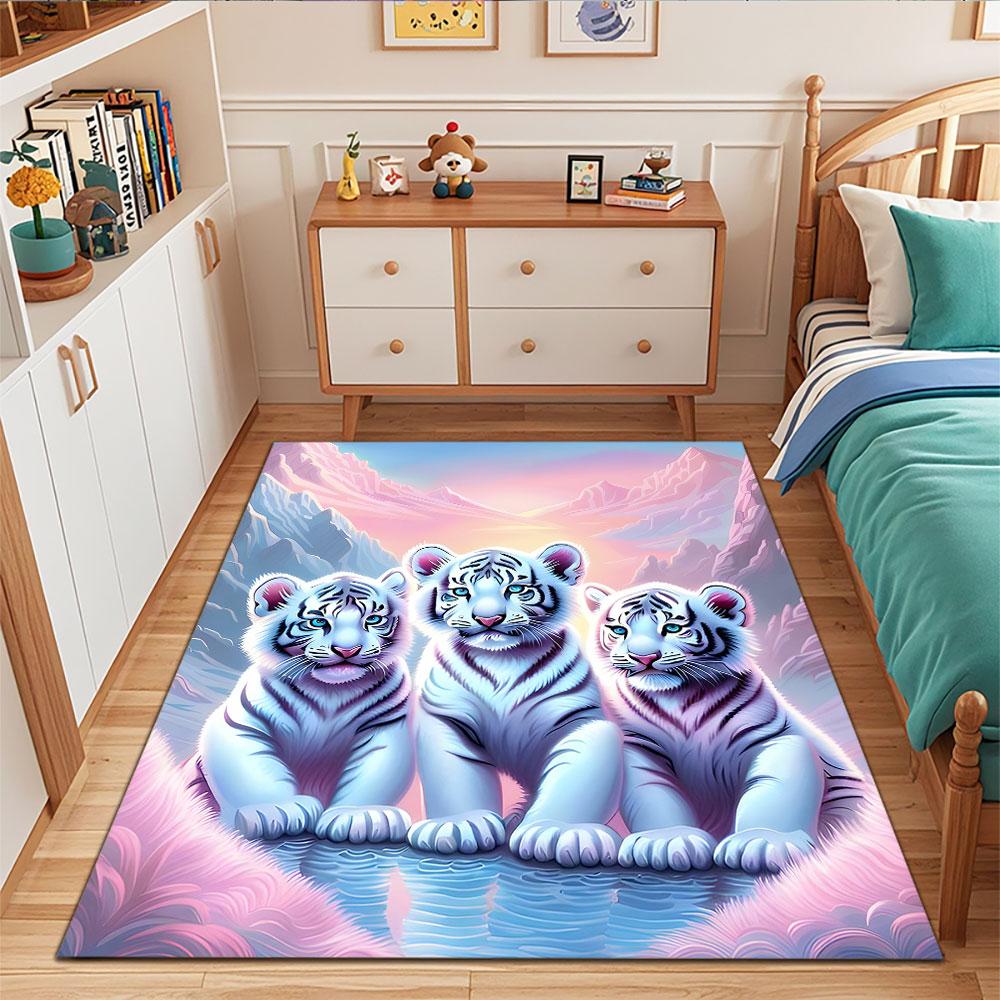 White Tiger Cubs in Mystical Sunset Scene Patterned carpet, suitable as a non slip play mat for the living room and bedroom sofa