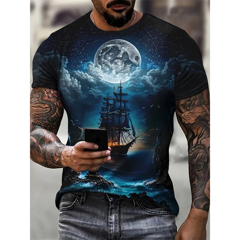 Seaside Lighthouse Sailboat 3D Print T-Shirts Streetwear Men FashionOversized O-Neck Short Sleeved T Shirt Tees Tops Clothing