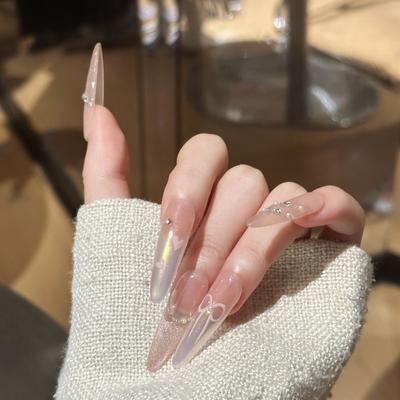 Pure Hand-wearing Armor High-end Cat Eye French Diamond Aurora Love Bow Nail Art Nails
