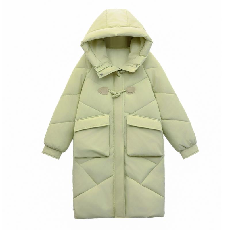 Thickened Korean Bread Coat with Pockets; Fashionable Green Feather Cotton Coat with Hood and Long Design for Winter