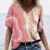 Summer V-neck 3D Marble Pattern Printed Top Fashionable Casual Short Sleeved Women's T-shirts
