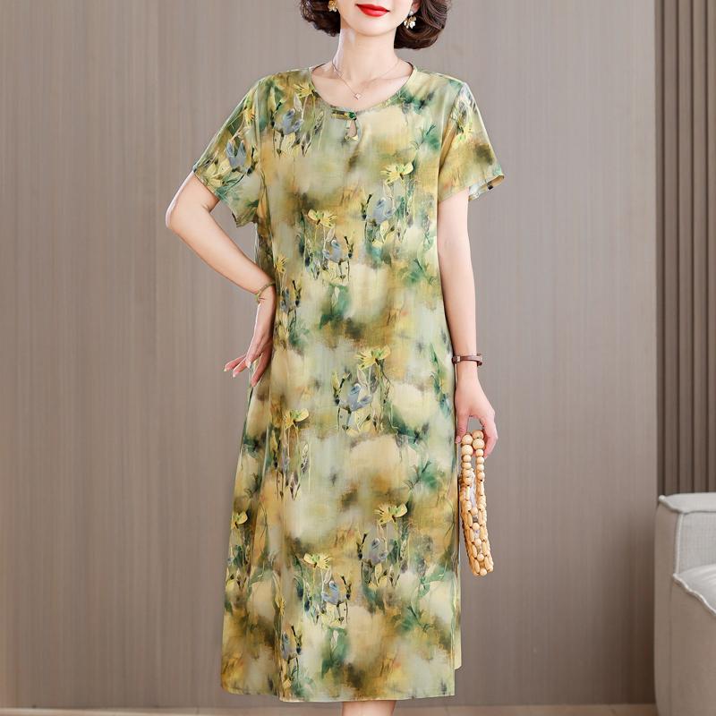 Elegant Long Dresses for Women Plus Size Loose Short Sleeve Vintage Dress Summer Middle-aged Women's Clothing