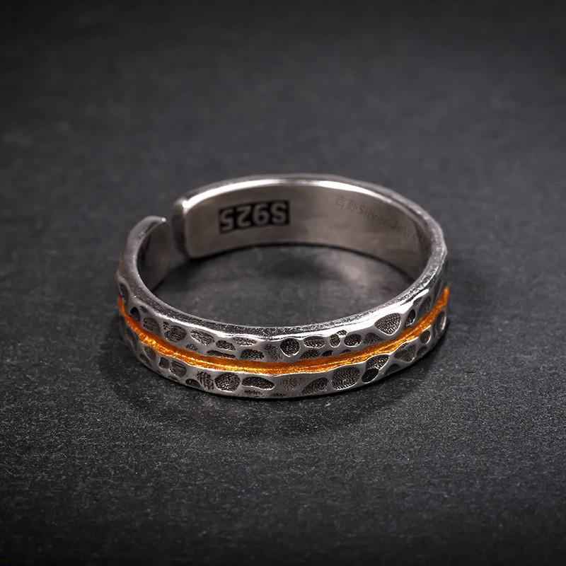Vintage Hammered Texture Samsara Stone Couple Ring Set Adjustable Open Band Sterling Unisex