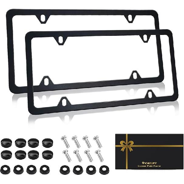 OKLPF Black Matte License Plate Frames 2 Pack,License Plate Holder With 4 Holes, License Plate Cover, Come With Screw Cap, Screw,Washer