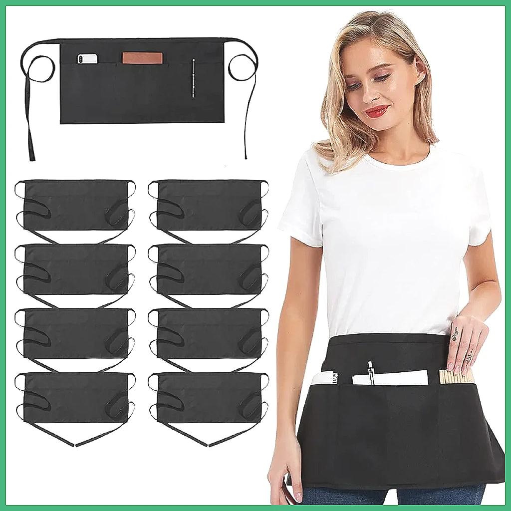 Fashion Chef Short Small Waist Apron, 1 Pockets Black Waterproof Half Apron for Waitress, Home Kitchen Practical Cooking Wear