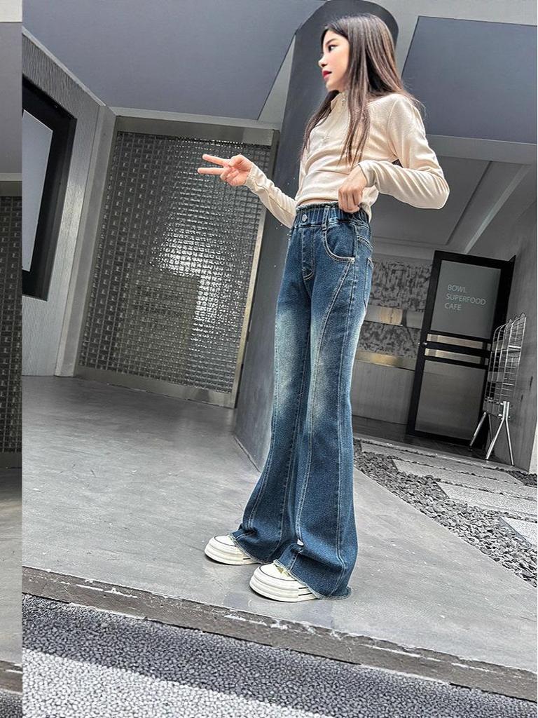 2025 Girls' High Waist Elastic Flare Jeans - Slimming Spring & Autumn Pants for Teens