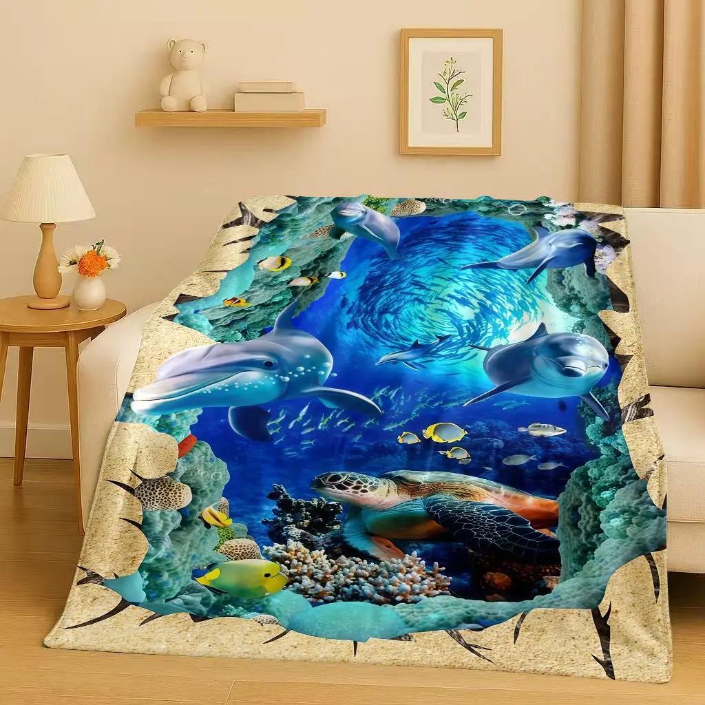 New 3D Illusion Underwater World Breaking Wall Flannel Blanket,Ultra Soft Warm Plush Throw for Home Bedroom Bed Sofa Cover Gift