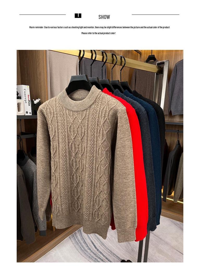 Men's Thick Warm Knitted Sweater, Half-High Collar, Winter Casual Mid-Age Dad Base Layer