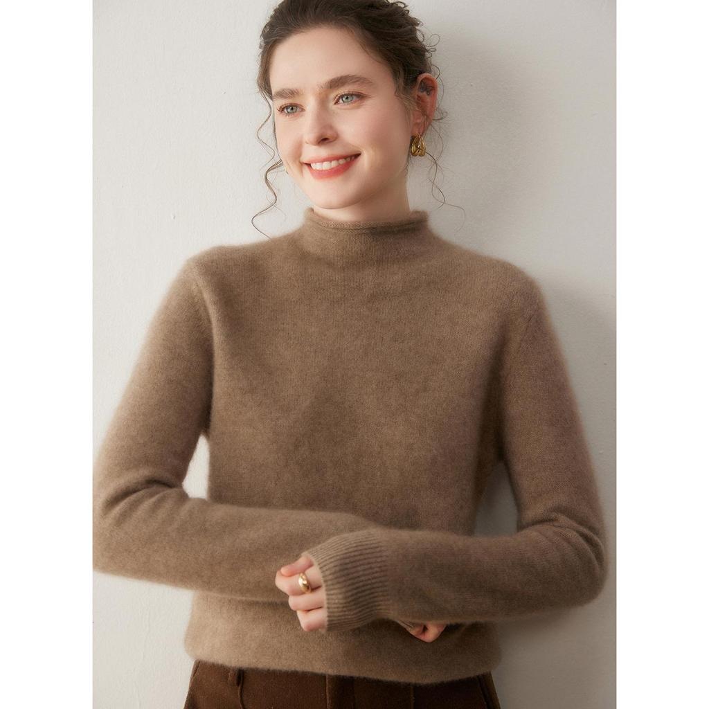 Women's Double-Strand Cashmere Wool Pullover with Rolled Hem