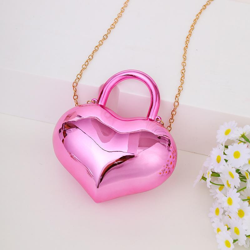 Metallic Heart Shaped Mini Crossbody Bag Glossy Finish Detachable Chain Strap Perfect For Party Wedding Date Night Events