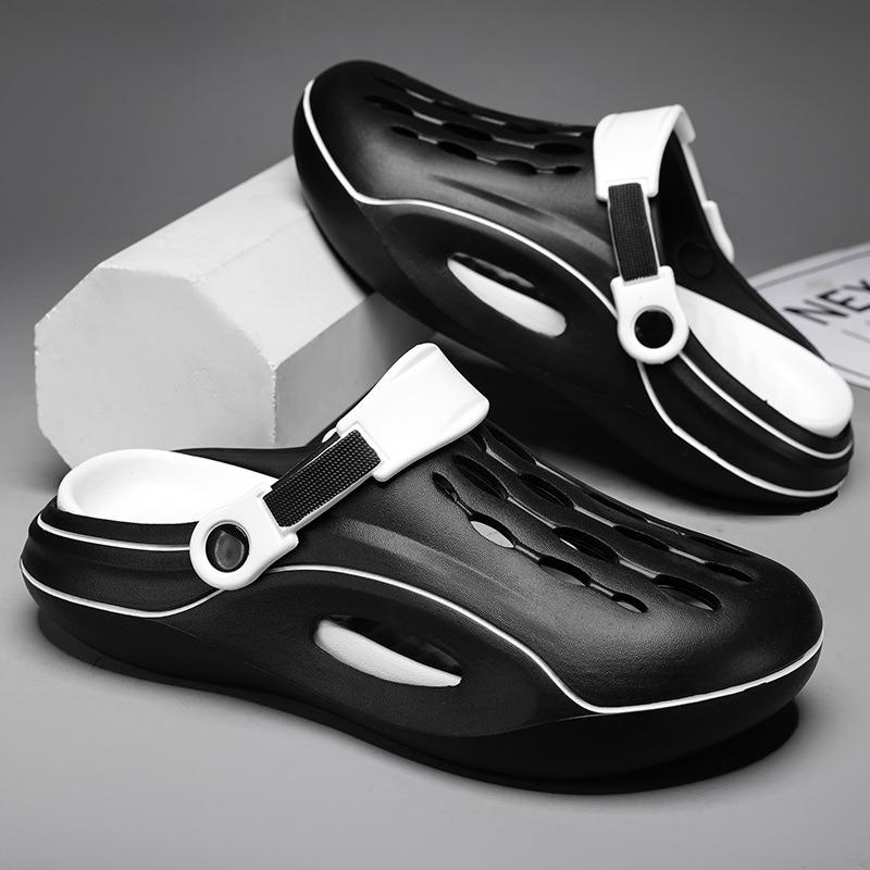 

Men s two-color hole shoes, thick-soled non-slip and wear-resistant, fashionable and simple leisure, outdoor beach bag head drag 36-37 чорний білий колір