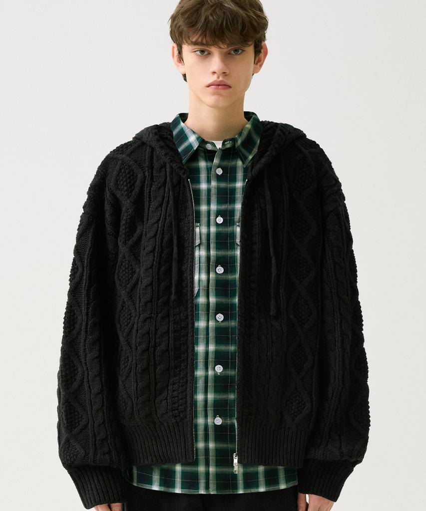 TRILLION Washable Aran Cable Hooded Zip-Up Knit (Pure Black)