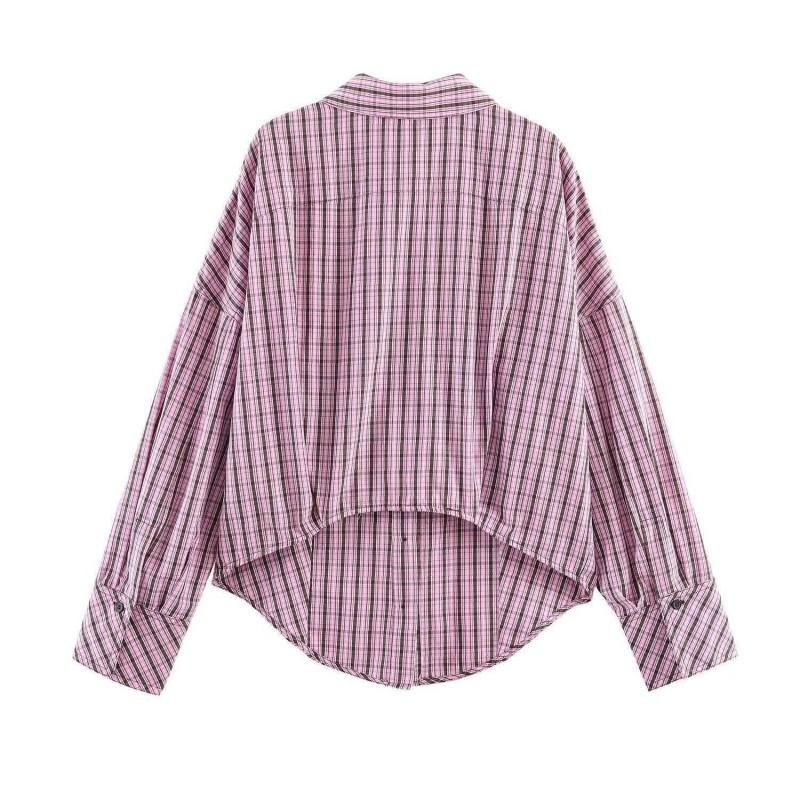 ZA Womens Slim-fit Pink Black Plaid Shirt Versatile Casual Workwear Top