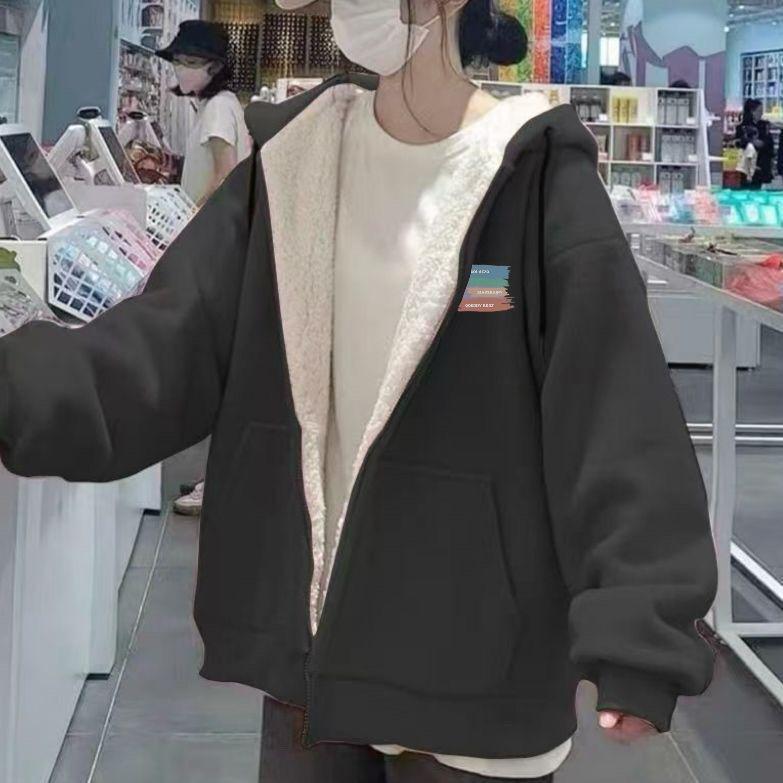 Women's Lambswool Hooded Sweatshirt - Winter 2025 Style, Plus Velvet, Thickened, Loose Cardigan, Trendy and Warm Outerwear for Students.