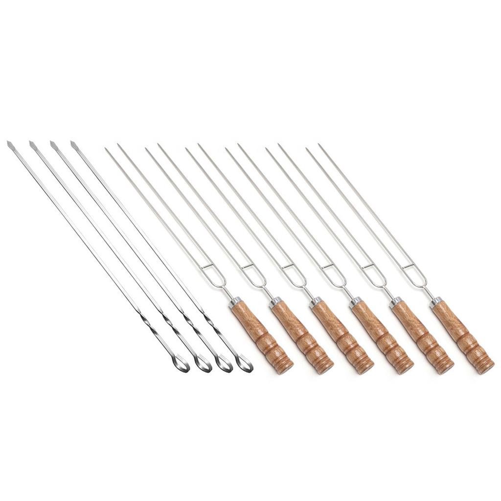 Barbecue Skewers 201 Stainless Steel U Shaped Reusable BBQ Fork Sticks with Wooden Handle for