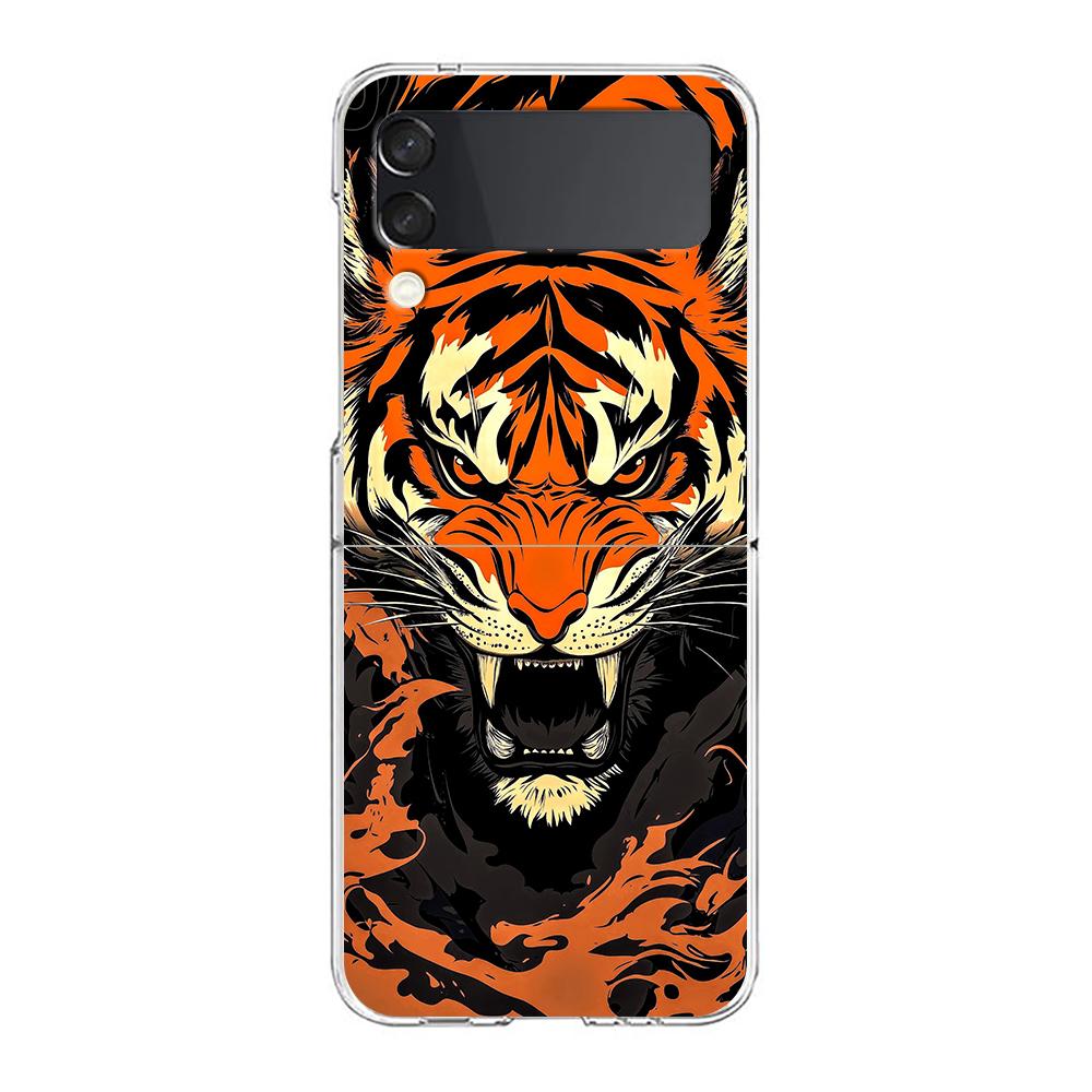 Transparent Phone Case For Samsung Galaxy Z Flip 3 4 5 6 7 Hard Folding PC Z Flip3 Flip4 Cover Cool Animal Tiger Lion