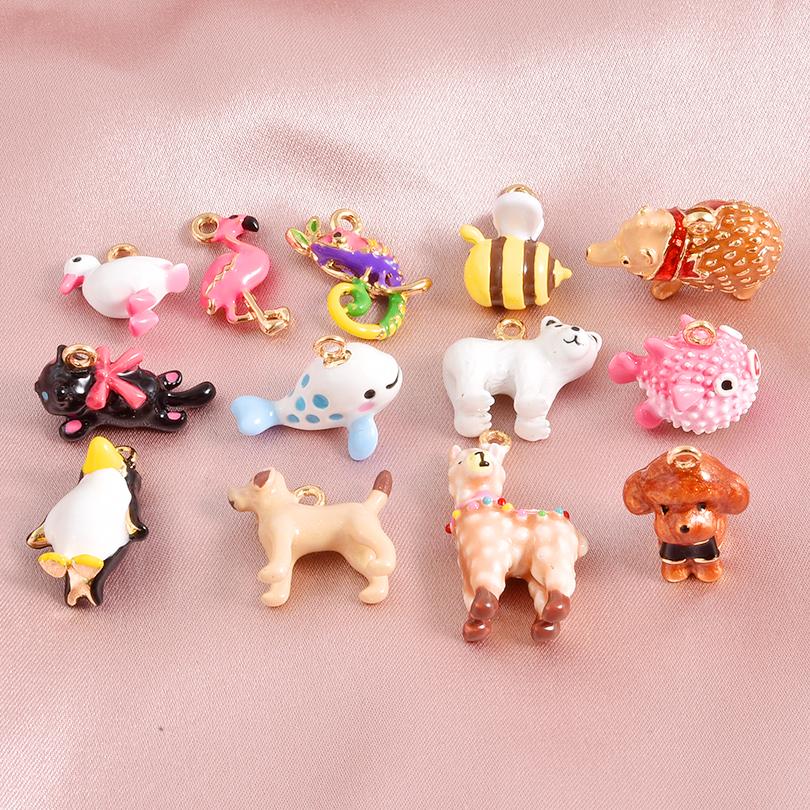 2pcs Cartoon Pendant Hedgehog Duck Flamingo Enamel Animal Charms For Jewelry Making Supplies Handmade Keychain Bracelet Material