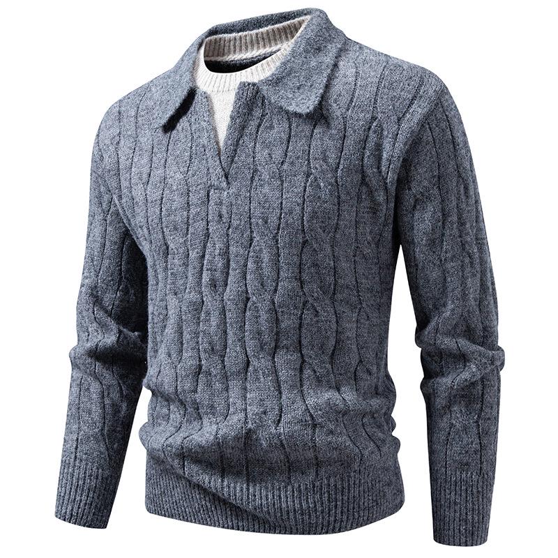 Cross2025 Men's Autumn/Winter Cable Knit Polo Sweater: Trendy European Twist with Lapel and Long Sleeves