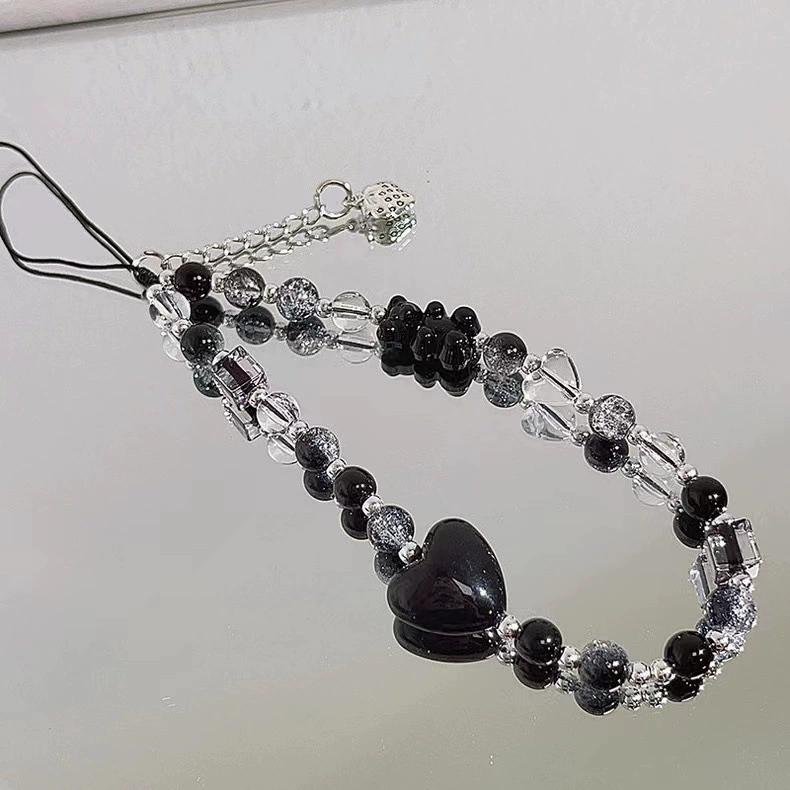 Black Love Bear Phone Chain Charm Hand Strap Cord Keycord Cellphone Lanyard Girl Keychain Mobile Phone Case Hanging Chain