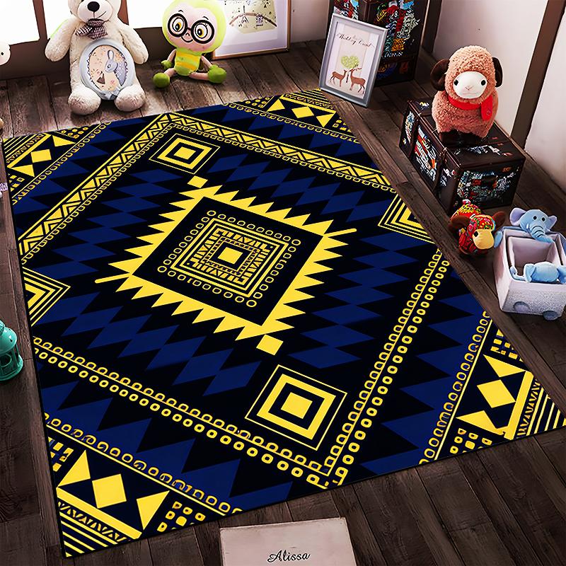 Geometric Tribal Pattern Carpet in Blue and Yellow Tones, Modern Design Suitable for use as an anti-slip for living room bedroom sofas